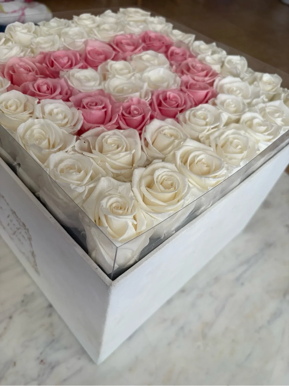 White Pink Preserved Roses Letter D   Venus Fleurs Wedding Box Arrangement